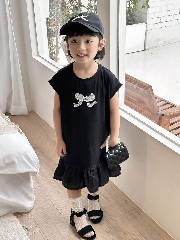 Young Girl Casual Bowknot Printed Ruffle Hem Dress