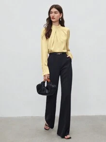 BizChic 2025年夏季新款女士百褶领衬衫，长袖，缎面面料，商务休闲，适合度假、婚礼宾客、乡村音乐节、早餐、机场、211S斯德哥尔摩风格、美国独立日