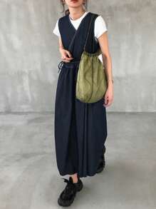 FRIFUL 女式简约牛仔休闲连衣裙，时尚日常穿着太阳裙 - 藍色 - 查看 5