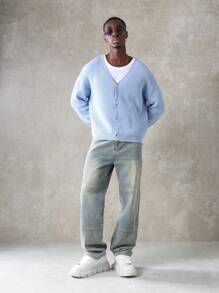 SUMWON 罗纹针织纽扣前开衫宽松舒适毛衣经典V领设计秋冬分层必备优质针织衫 - 藍色 - 查看 4