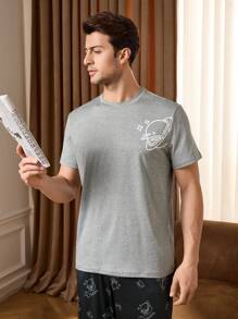2pcs/Set Men Star Print Crew Neck Short Sleeve T-Shirt And Pants Pajamas Set
