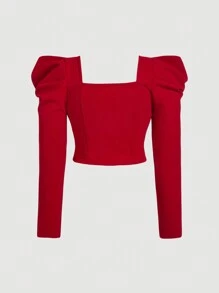 SHEIN MOD Set de 2 piezas Talla grande de Blusa de manga gigot roja con moño y falda a juego estilo romántico y dulce