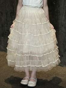 DAZY Tween Girl Net Yarn Solid Color Minimalist Casual Daily Skirt,Girls Summer Outfits,Back To School Clothes Vacation - Beige - View 4