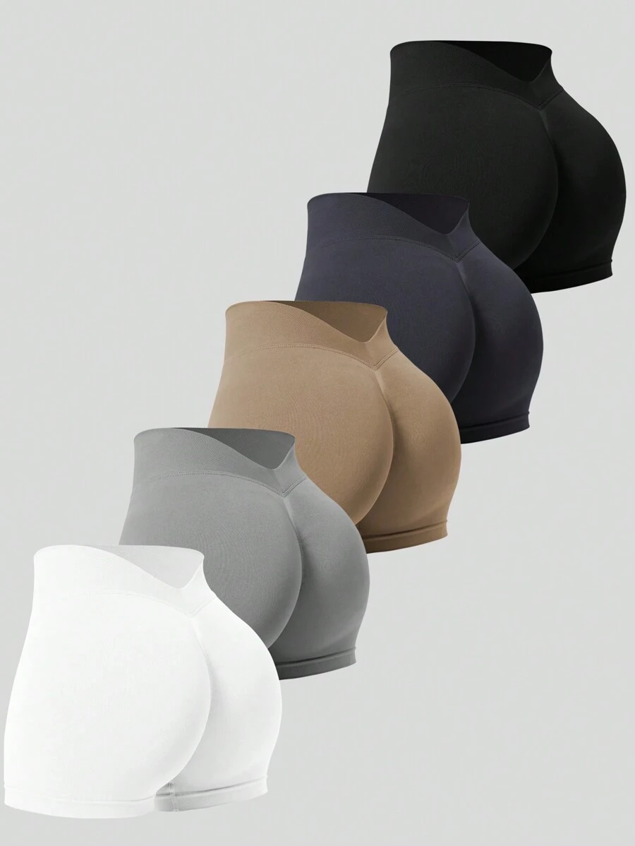 SHEIN Velisys Pantalones cortos casuales con cintura en V sin costuras, minimalistas y de moda para deportes y uso diario, tipo pantalones cortos para bicicleta