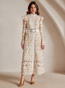 Anewsta Đầm Maxi Ren Cổ Chữ V Tay Dài Thanh Lịch Cổ Điển Sang Trọng Cho Nữ (Họa Tiết Hoa Ngẫu Nhiên) - trắng - Xem 4