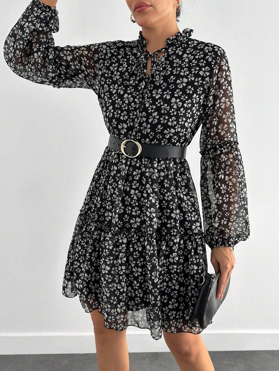 EURMUSE Casual Floral Lantern Sleeve Dress, Commuting-Friendly - Multicolor - View 1