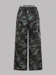Girlism 2pcs/Set Tween Girls Long Sleeve Ribbed T-Shirt With Camouflage Panel Cargo Pants, Collegiate, Athleisure, Casual, Vintage/Boho, Fold Over, Army Green, White - Army Green - View 7