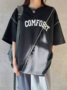 FRIFUL Women's Loose Contrast Color Printed T-Shirt Oversized T-Shirt,Graphic Tees - Black - View 5