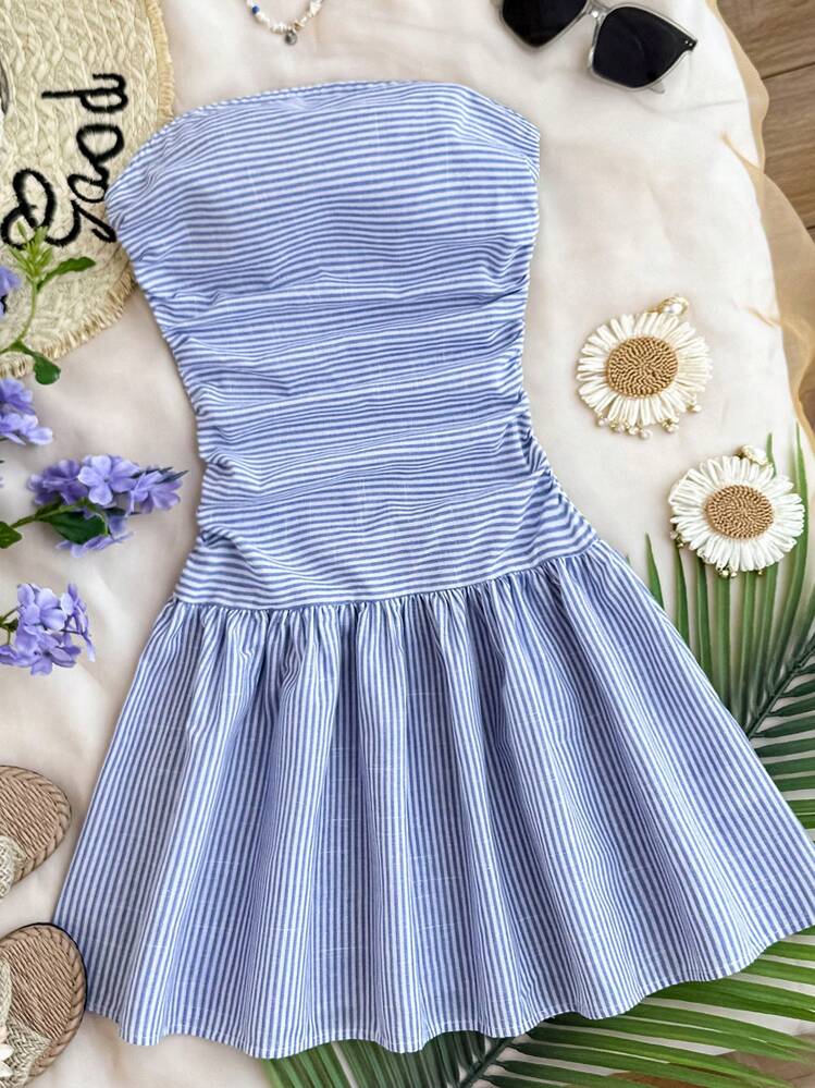 Girlism Vestido corto de verano de línea A con cintura fruncida, estilo casual con rayas azules y blancas, para adolescentes, apropiado para vacaciones y uso diario - Azul y blanco - Añade 3