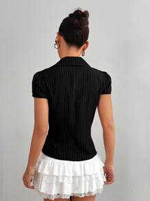 Flirla Women's Striped Lapel Neck Short Sleeve Fitted Shirt - Black - View 2