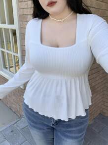 Dazy Plus White Square Neck Fitted Short/Long Sleeve T-Shirt, Spring/Autumn - White - View 5