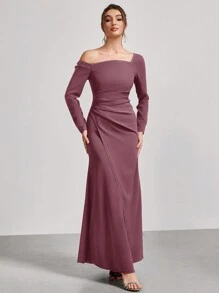 Coutiva 1 stuk dames asymmetrische hals lange mouwen gerimpelde lange feestjurk, mode banket feest oudejaarsavond festival socialite elegante jurk, bruiloft gast jurk, formele jurk, avondjurk