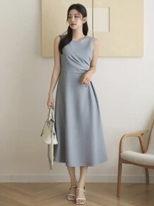 DAZY Sleeveless Solid Color Pleated Mid-Length Dress For Women Sundress Maxi Dress - Blue - View 3