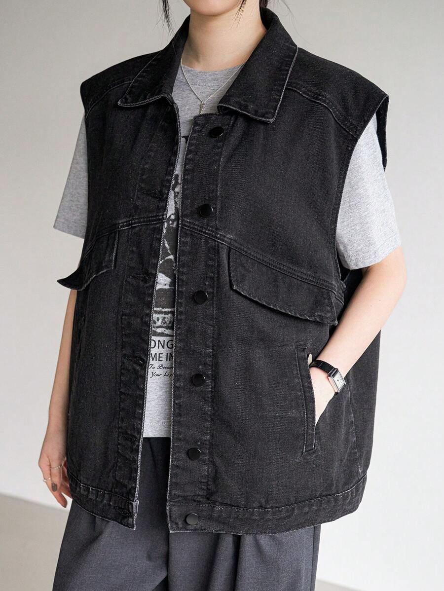 Dazy-Less Women's Sleeveless Front Button Pocket Simple Casual Denim Jacket - Black - View 1