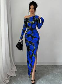 Elenzga 1pc Women's Oblique Collar High Slit Floral Print Wrap Waist Design Dress Maxi Women Outfit Fall Cloth For Women - Blue - View 6