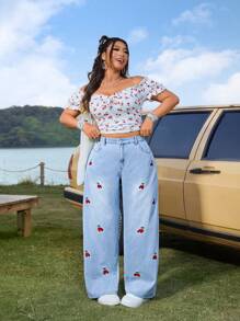 SHEIN VCAY Jeans Plus Size Cereja Bordado Bolso Relaxado Solto - Lavagem leve - Ver 4