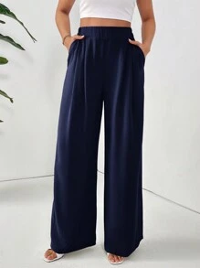 SHEIN Essnce Women's Casual Versatile Solid Color Wide Leg Pants - Navy Blue - View 4