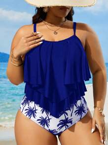 Swim Lushoire 2 pièces/set Femmes grandes tailles Maillot de bain de tankini à volants avec imprimé floral et bretelles spaghetti, pour l'été