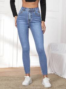 SHEIN Essnce Casual Washed High-Waist Slim-Fit Denim Jeans - Light Wash - View 5