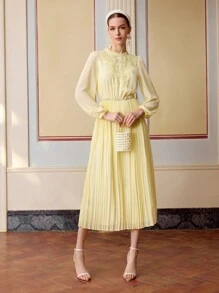 ZEYLAH EMBROIDERED PLEATED LONG SLEEVES DRESS, SPRING DRESS,SPRING/SUMMER - Yellow - View 4