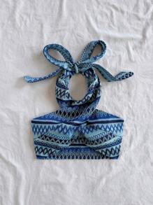 Soleia Parte superior corta de punto con rayas, escote cruzado y lazo en el cuello para mujer, ideal para vacaciones