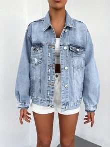 Cottnline 98%Cotton Flap Pocket Ripped Drop Shoulder Denim Jacket - Light Wash - View 5