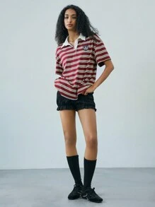 Easelle Casual College Style Contrast Color Stripe & Badge Decorated Short Sleeve Shirt