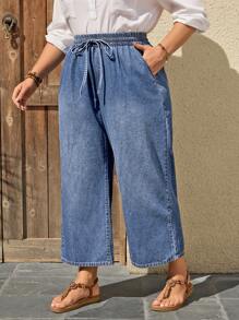 SHEIN CURVE+ Pantalon en jean droit et ample bleu décontracté pour femmes grandes tailles, jeans à jambes larges pour vacances