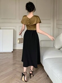DAZY New Summer Boho Style High Waisted Elegant Patchwork Contrast Color Women Long Dress - Black - View 2