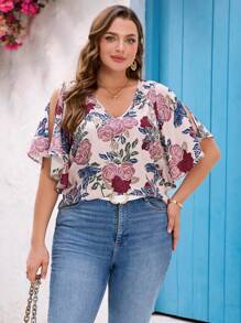 SHEIN Clasi 大码夏季花卉印花长袖宽松衬衫，优雅日常穿着，浪漫情人节、春季 - 彩色 - 查看 4