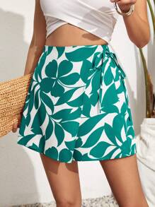 SHEIN VCAY Quần short buộc dây họa tiết cây thông thường ngày lễ cho nữ - Màu xanh Bạc hà - Xem 4