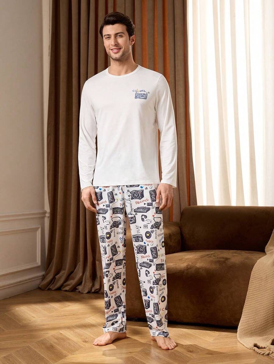 Men's Pajama Set: Long Sleeve Top And Pants - White - View 1