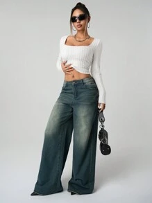 SHEIN ICON Women's Plain Long Sleeve Minimalist Ribbed Casual Y2K Square Neck Holiday Snow Women Beige Comfy Top, Daily Wear