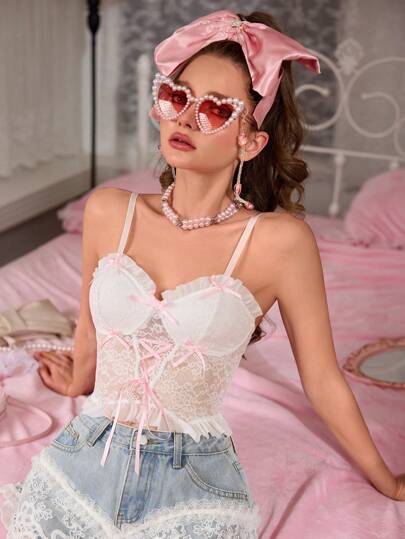 Cute Bowknot Lace-Up White & Pink Floral Lace Sexy Bralette Top, For Music Festival, Party, Going-Out