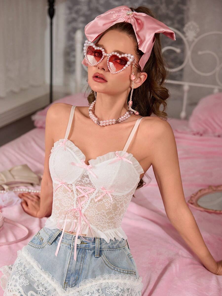 FairyFlirt Cute Bowknot Lace-Up White & Pink Floral Lace Sexy Bralette Top, For Music Festival, Party, Going-Out