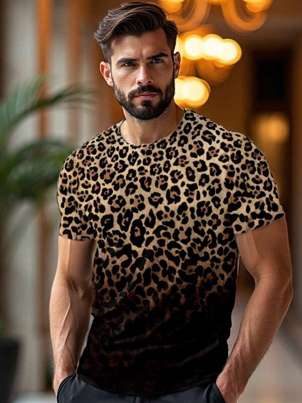 HIMLAND Men's Leopard Print Round Neck Short Sleeve Casual T-Shirt, Summer
