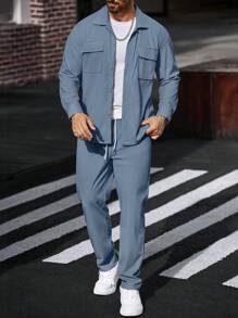 Manfinity CasualCool 2 件套灯芯绒长袖男士工作衬衫套装 - 藍色 - 查看 8