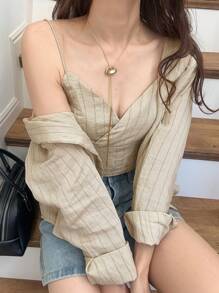 FRIFUL Conjunto de 2 piezas: Top tipo camiseta holgado casual y camisa a rayas de lino para mujer