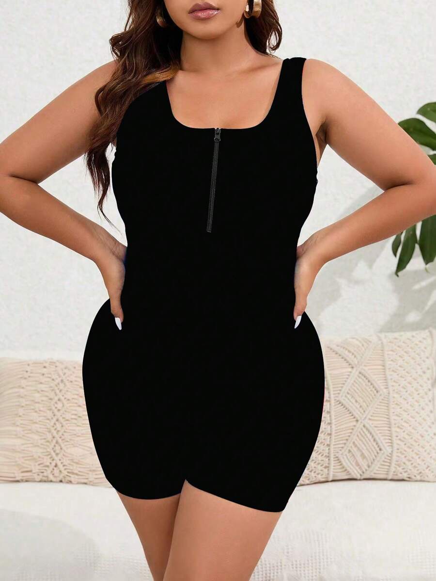 Swim Lushoire Bộ đồ bơi liền thân không tay màu trơn tối giản cỡ lớn mùa hè - màu đen - Xem 1
