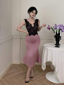 DAZY 女士 V 领蕾丝拼接无袖中长优雅连衣裙，情人节舞会礼服优雅 - 紫色 - 查看 4