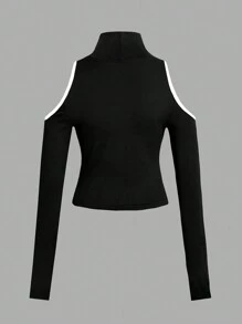 SHEIN Privé 优雅休闲镂空拼色豹纹长袖立领 T 恤套装，女款，秋冬 - 黑色 - 查看 6