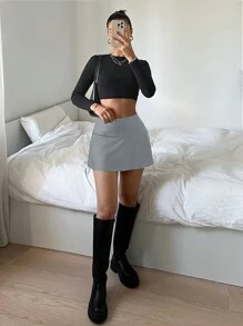 SHEIN EZwear 女士休闲百搭纯色侧开衩 PU 迷你短裙 - 淺灰色 - 查看 6
