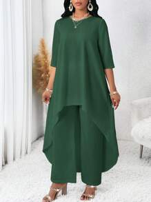 SHEIN Lady Spring And Summer Autumn And Winter Elegant Woven Round Neck Flowy Asymmetrical Midi Three Quarter Length Sleeve Plus Size Top & Pants
