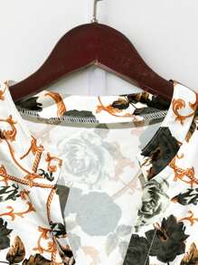 SHEIN LUNE Conjunto de 2 piezas de tallas grandes para mujer, con blusa holgada de manga corta con estampado floral vintage y pantalones rectos y sencillos, conjunto casual para primavera/verano