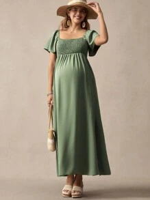Boho Mama Boho Ruffle Sleeve Square Neck Elastic Waist Maternity Dress, Green - Green - View 4