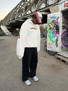 Men's Slogan Graphic Print Long Sleeve Casual Hoodie - White - View 2