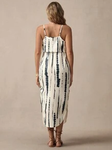 SHEIN Boho Pregnant Women's Tie-Dye Spaghetti Strap Dress With Waist Belt And Side Slit, Skin-Friendly Summer Maternity Dress