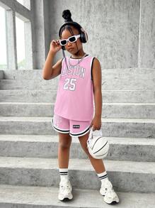 SHEIN Tween 女童运动街头服饰字母印花针织无袖短裤 2 件套 - 西瓜粉 - 查看 7