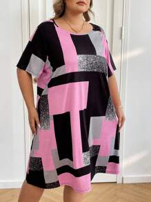 SHEIN CURVE+ Plus Size Women's Asymmetrical Color Block Patterned Splice Print Casual Round Neck Short Sleeve Knee-Length Dress, For Summer