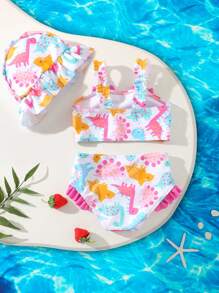 Set de 3 piezas con patrón de cuadros y lazos para bebé niña bebé que incluye traje de playa y adorable sombrero a cuadros - Multicolor - Ver 2